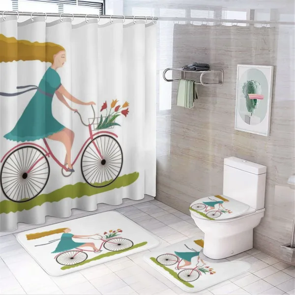 Woman on Bike Tulips on a shower curtain