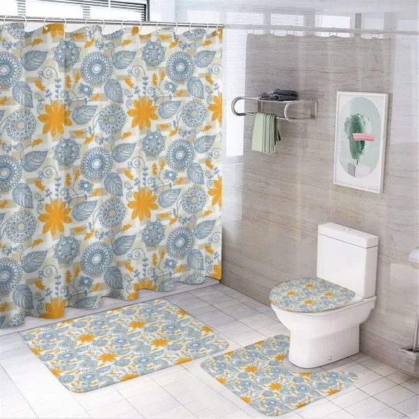 Blue Flowers and Leaves on a shower curtain