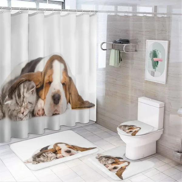 Puppy Kitten Sleeping on a shower curtain