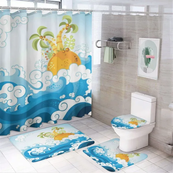 Waves and Exotic Palm Trees on a shower curtain