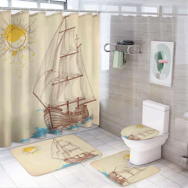 Boat in Windy Sea Sun on a shower curtain