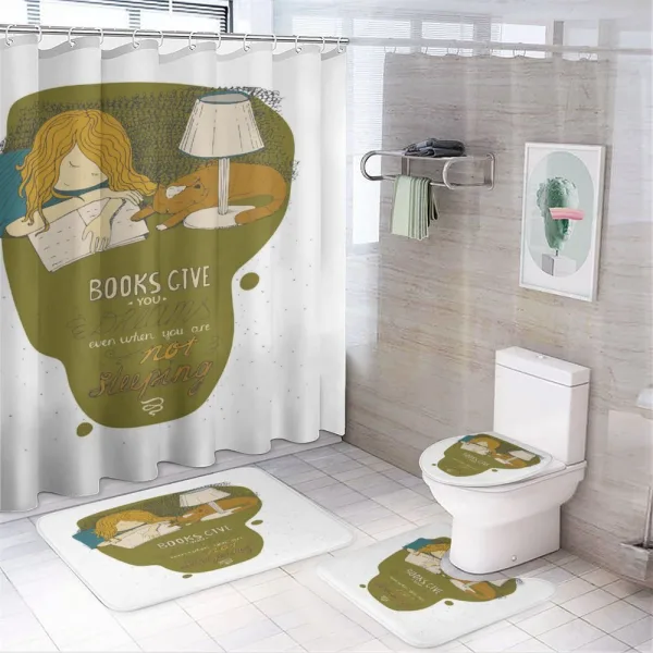 Girl and Cat Sleep on Book on a shower curtain