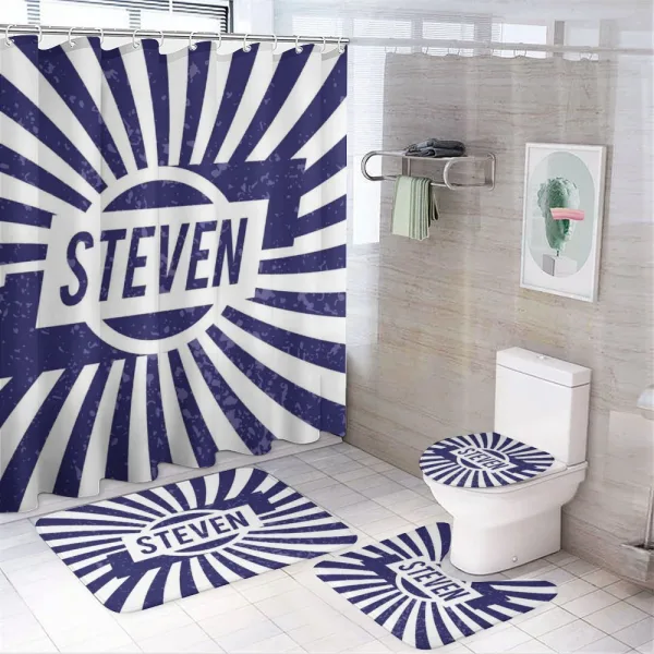 Name in Blue and White on a shower curtain