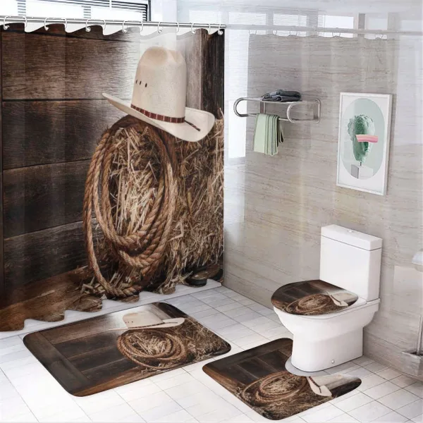 Wooden Folk Robe Hat on a shower curtain