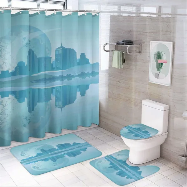 Modern City Building Earth on a shower curtain