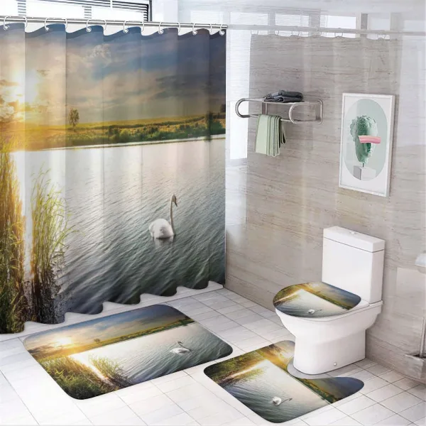Swan in River at Dawn Photo on a shower curtain