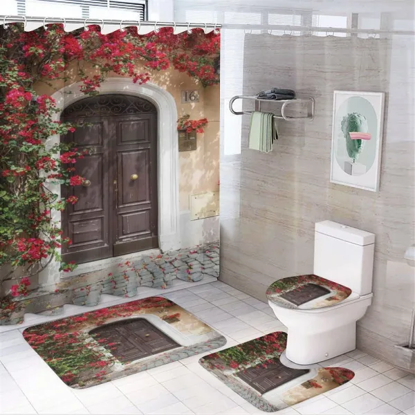 Old Door with Flowers on a shower curtain