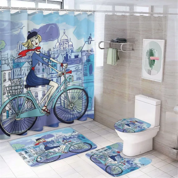 Woman on Bicycle with Cat on a shower curtain