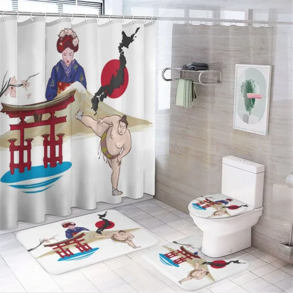 Japanese Woman and Building on a shower curtain