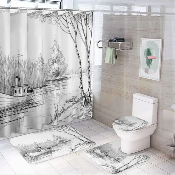 Black White Boat River on a shower curtain