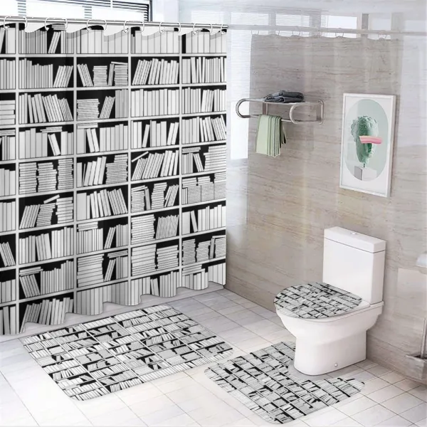 Monochromatic Bookshelves on a shower curtain