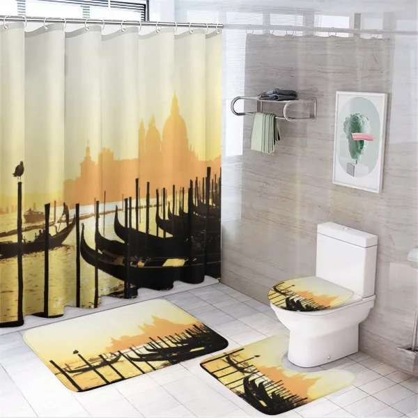 Romantic City at Sunrise on a shower curtain