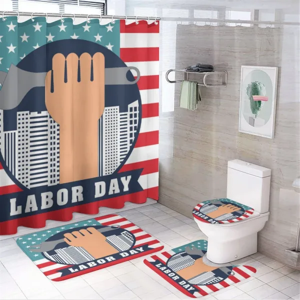 Hand Holding Wrench on a shower curtain
