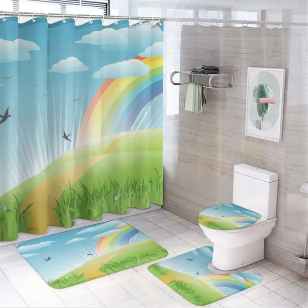Birds and Rainbow Stripes on a shower curtain