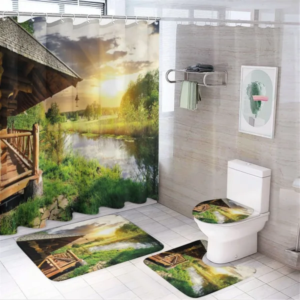 Wooden House by the Lake on a shower curtain