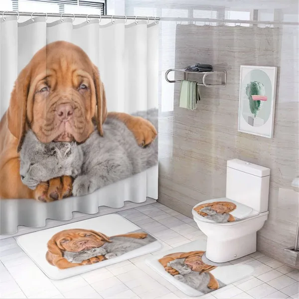 Sad Bordeaux and Kitten on a shower curtain