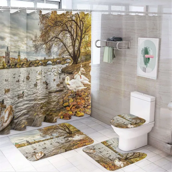 Swimming Swans in River on a shower curtain