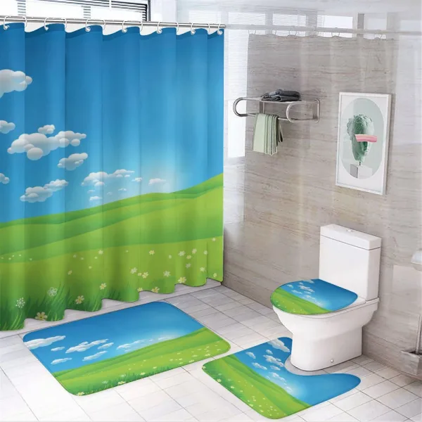 Cartoon Valley Scene on a shower curtain