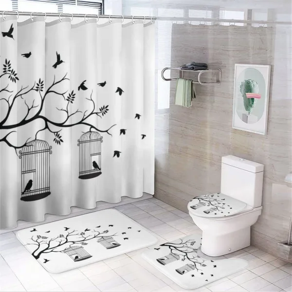 Birds Flying to Cages on a shower curtain
