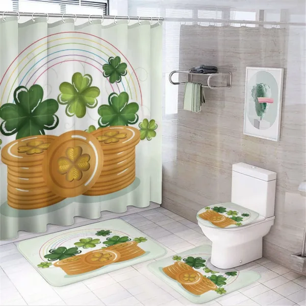 Coins Shamrocks and Rainbow on a shower curtain
