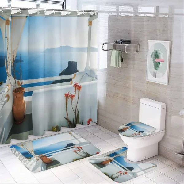 Sunset Santorini Island on a shower curtain