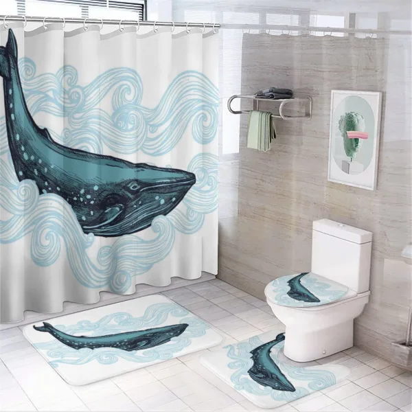 Whale with Striped Wave on a shower curtain