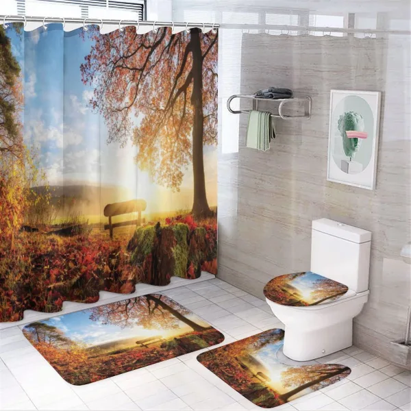 Autumn Forest Bench on a shower curtain