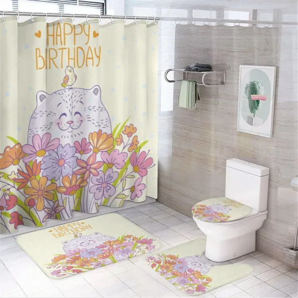 Happy Cat Bird Flowers on a shower curtain
