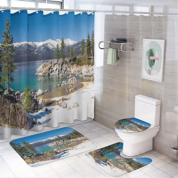Snowy Mountains Lake on a shower curtain