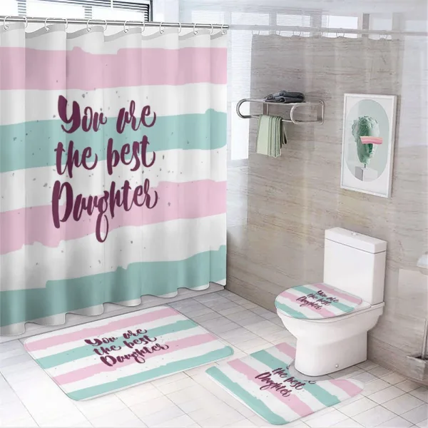 Stripes and Letttering on a shower curtain