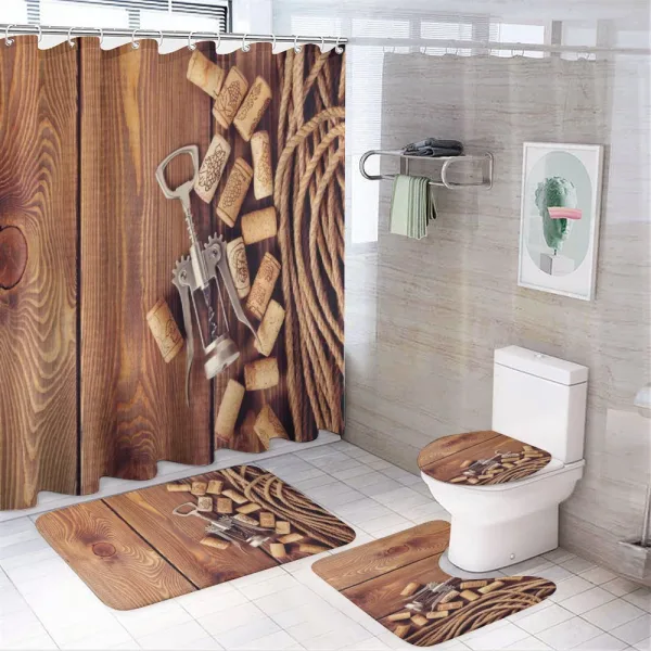 Wooden Table Wine Corks on a shower curtain