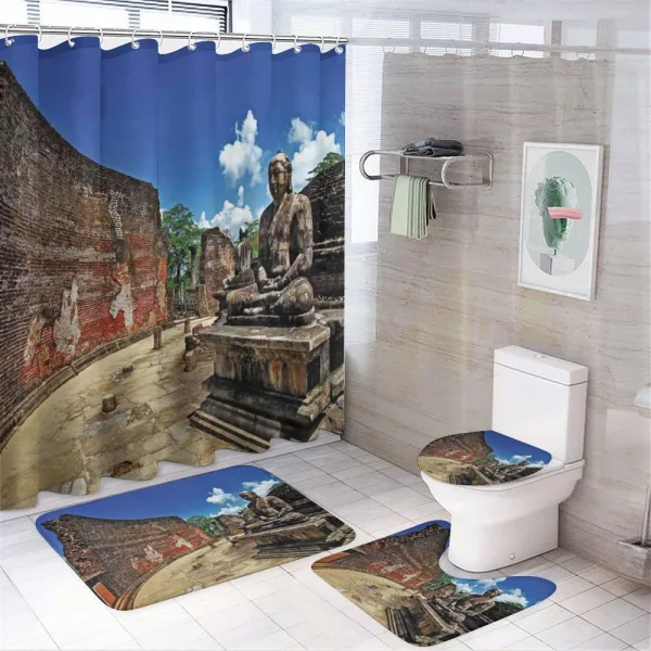 Asian Lotus Theme Building on a shower curtain