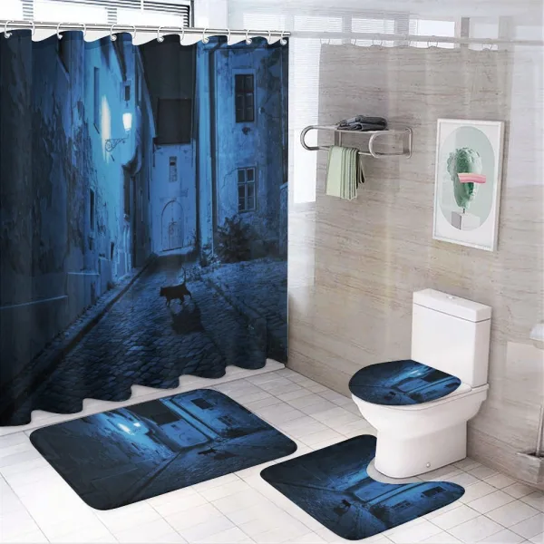 Black Cat Deserted Street on a shower curtain