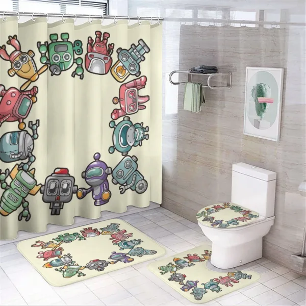 Friendly Robots Toys on a shower curtain