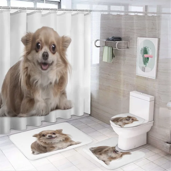 Funny Puppy Lying on a shower curtain