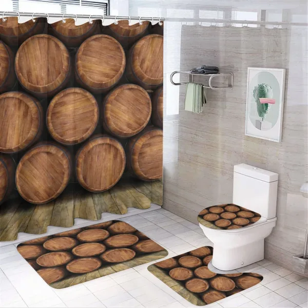 Wall of Wooden Barrels on a shower curtain