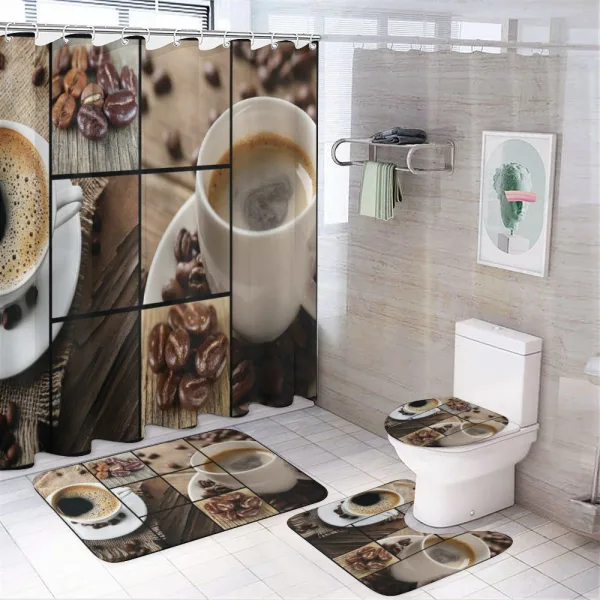 Coffee Mugs Wood Table on a shower curtain