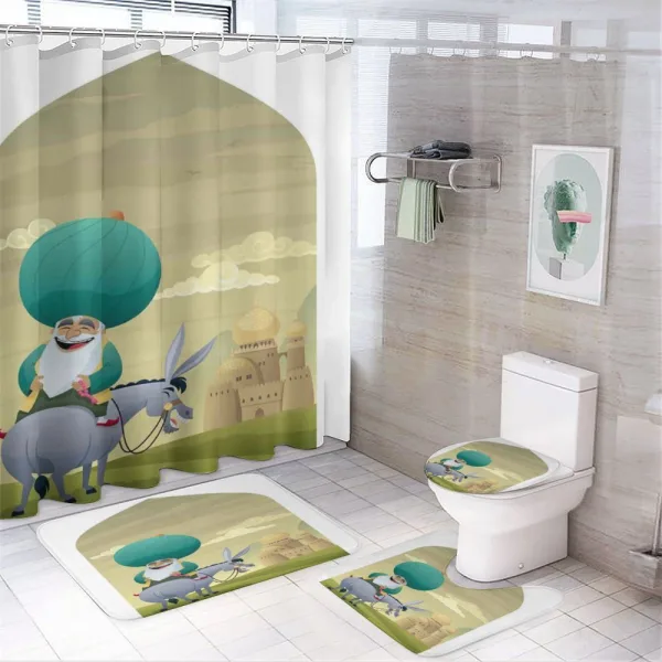 Cartoon of Nasreddin Hodja on a shower curtain