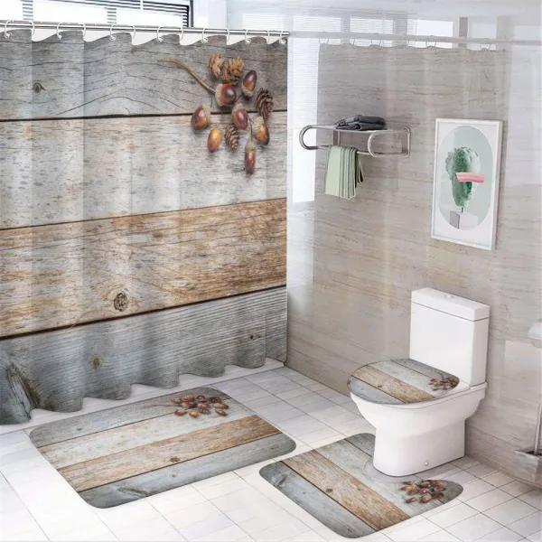 Acorns and Cons Timber on a shower curtain