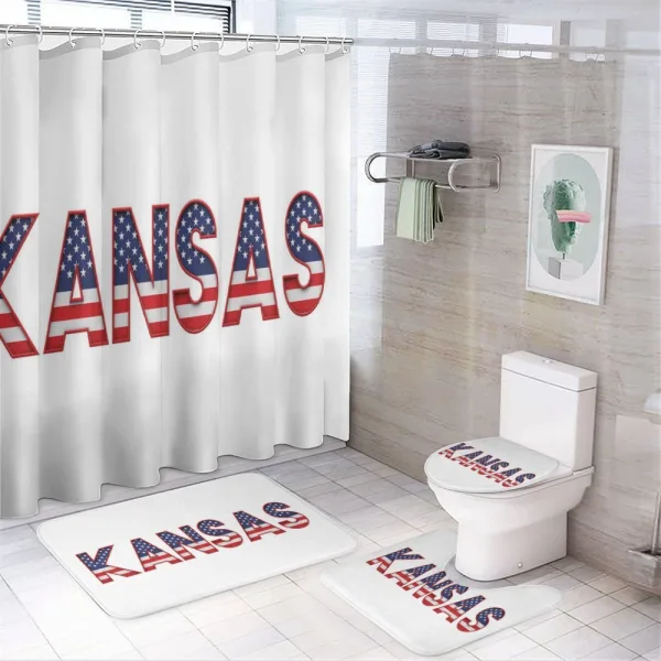 Kansas in Striped Lettering on a shower curtain