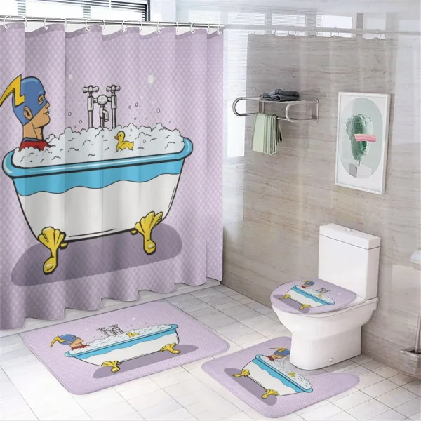 Superhero Bubble Bath on a shower curtain