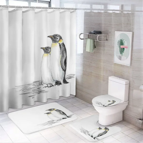 Hand Drawn Penguins Art on a shower curtain