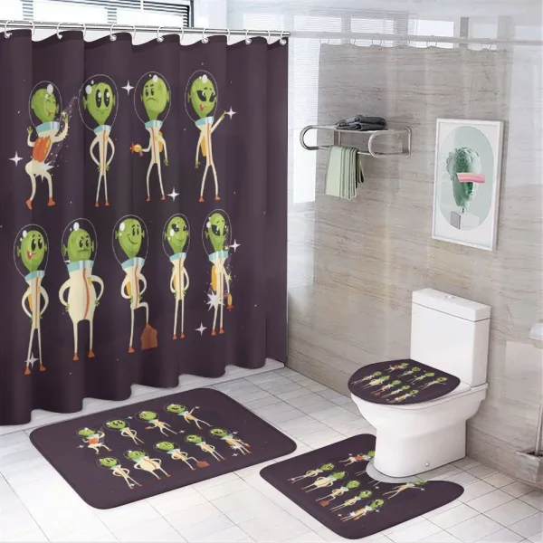 Little Green Ufo in Suits on a shower curtain