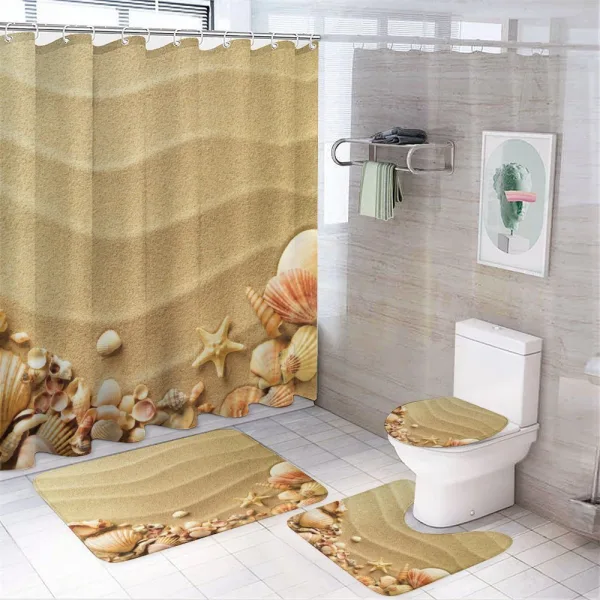 Various Seashells on Sand on a shower curtain