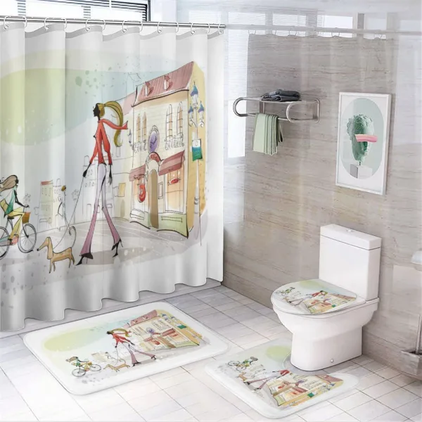 Woman Walking Her Dog on a shower curtain