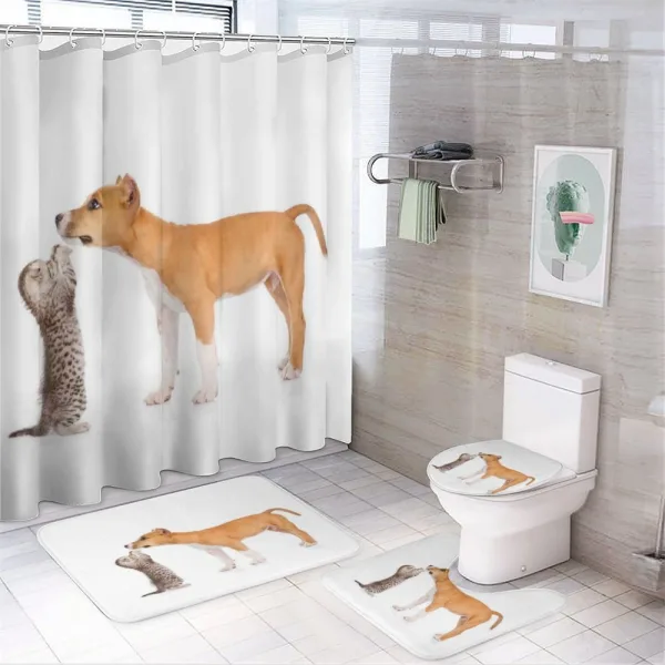 Kitten and a Stafford Puppy on a shower curtain