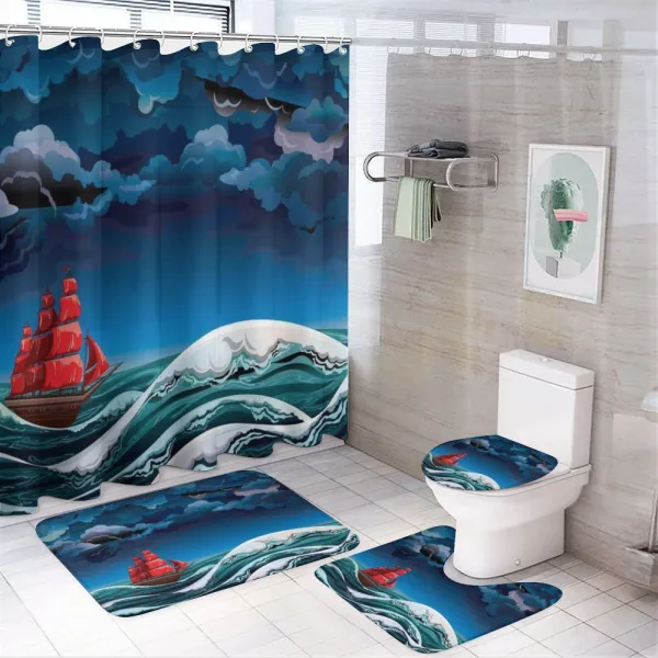 Cartoon Ship on Waves on a shower curtain