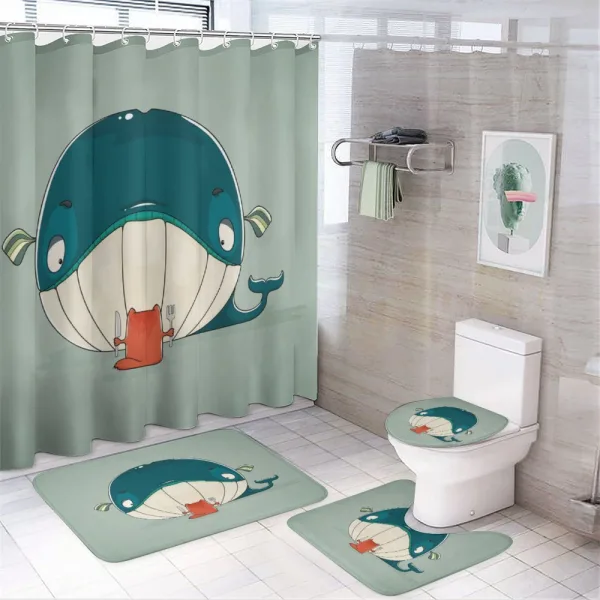 Kitten Eating Huge Fish on a shower curtain