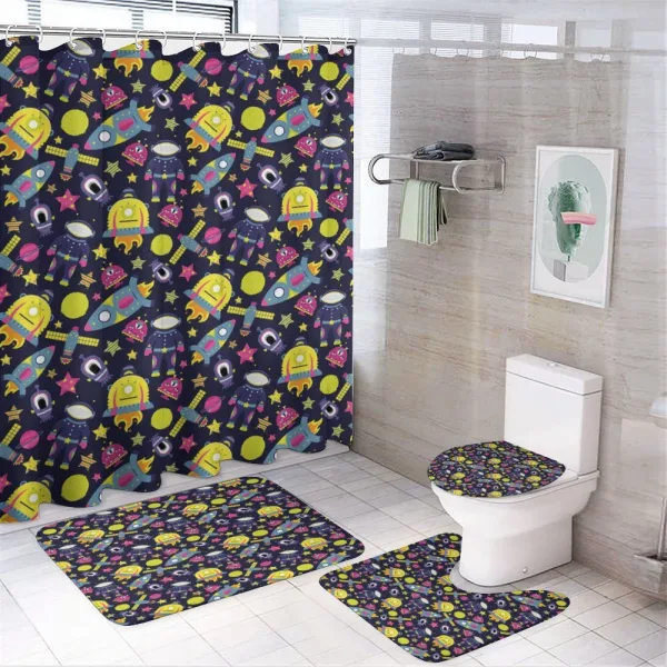 Planets and Galactic Items on a shower curtain