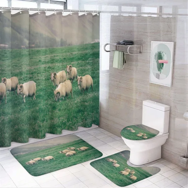 Sheep Grazing on Grass on a shower curtain